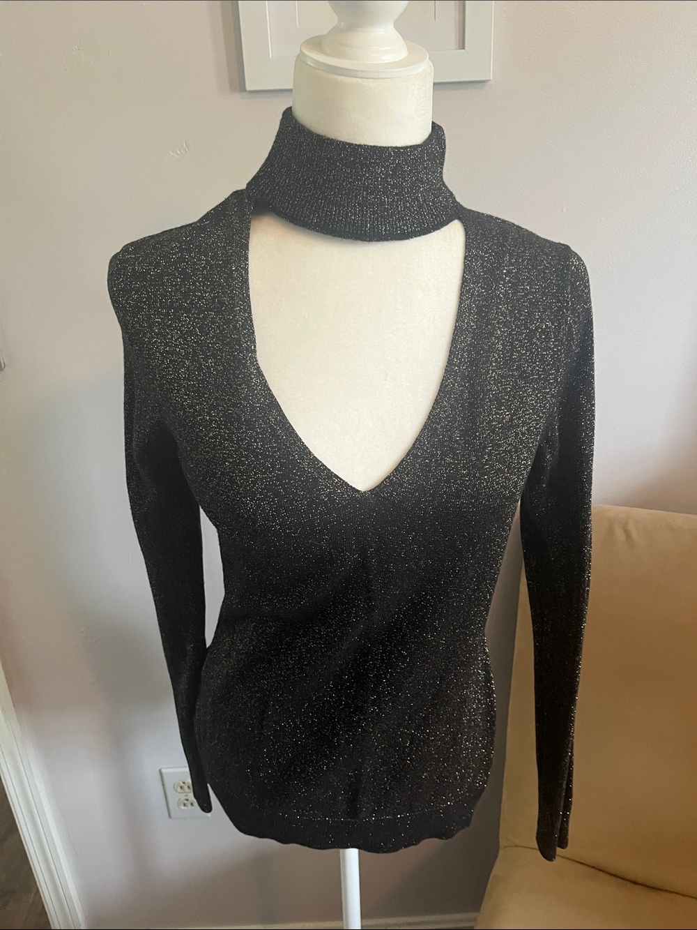Michael Kors Black Metallic V-Neck Choker Pullover